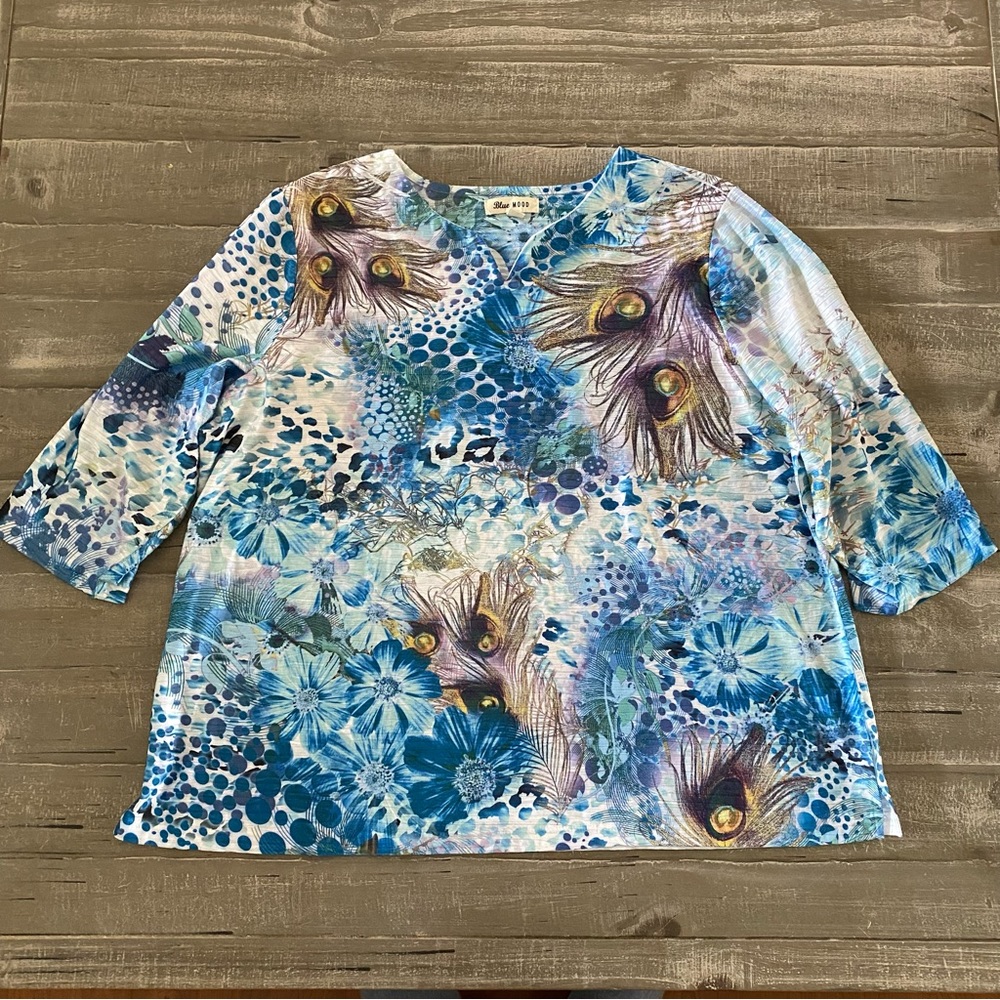 Blue Mood  Women's‎ Short Sleeve Top Size 3X Peacock Floral Aqua Purple